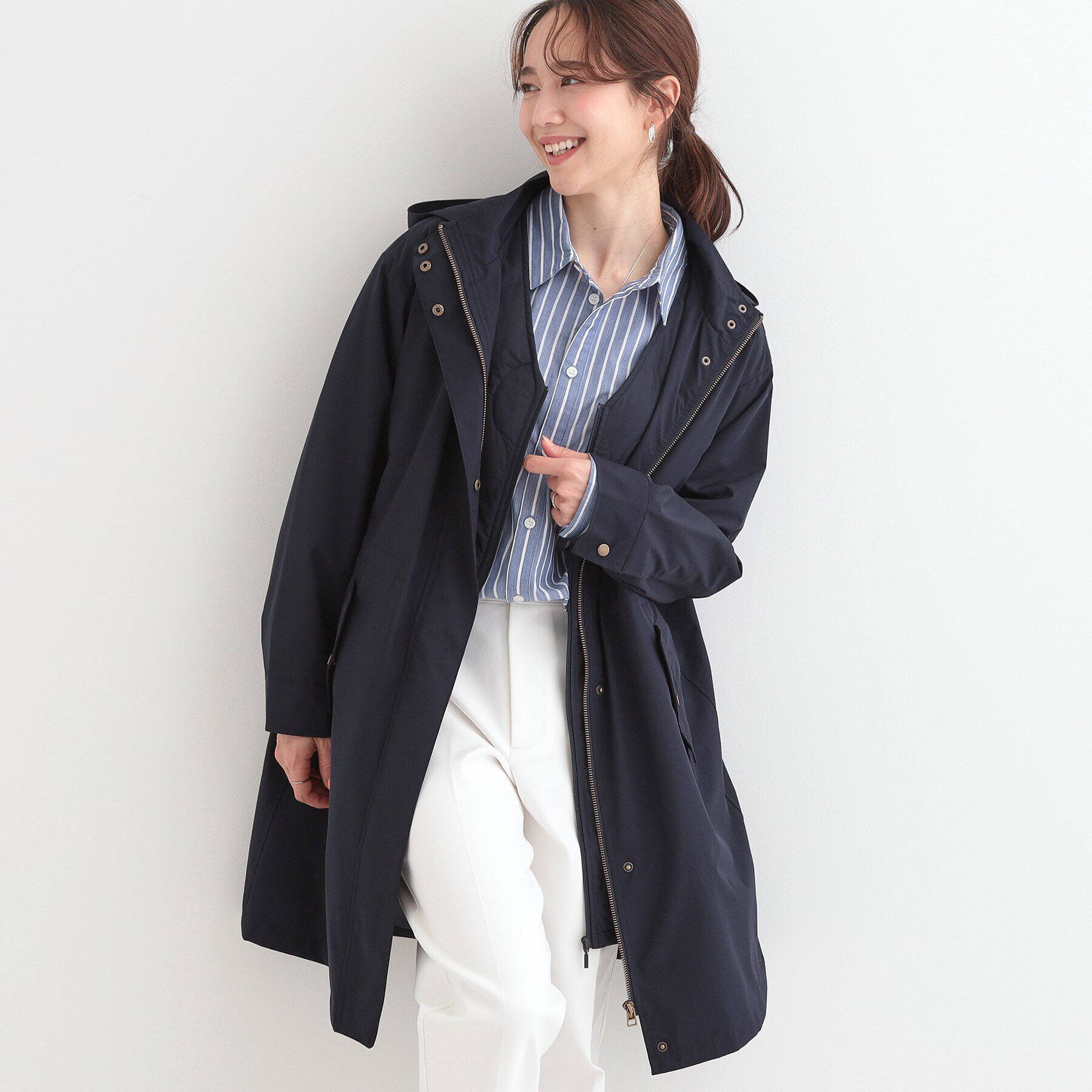 SHOO･LA･RUE「【撥水/防花粉/S-LL】ライナー付き ミリタリーフーデッドコート」|その他|ネイビー(094)
