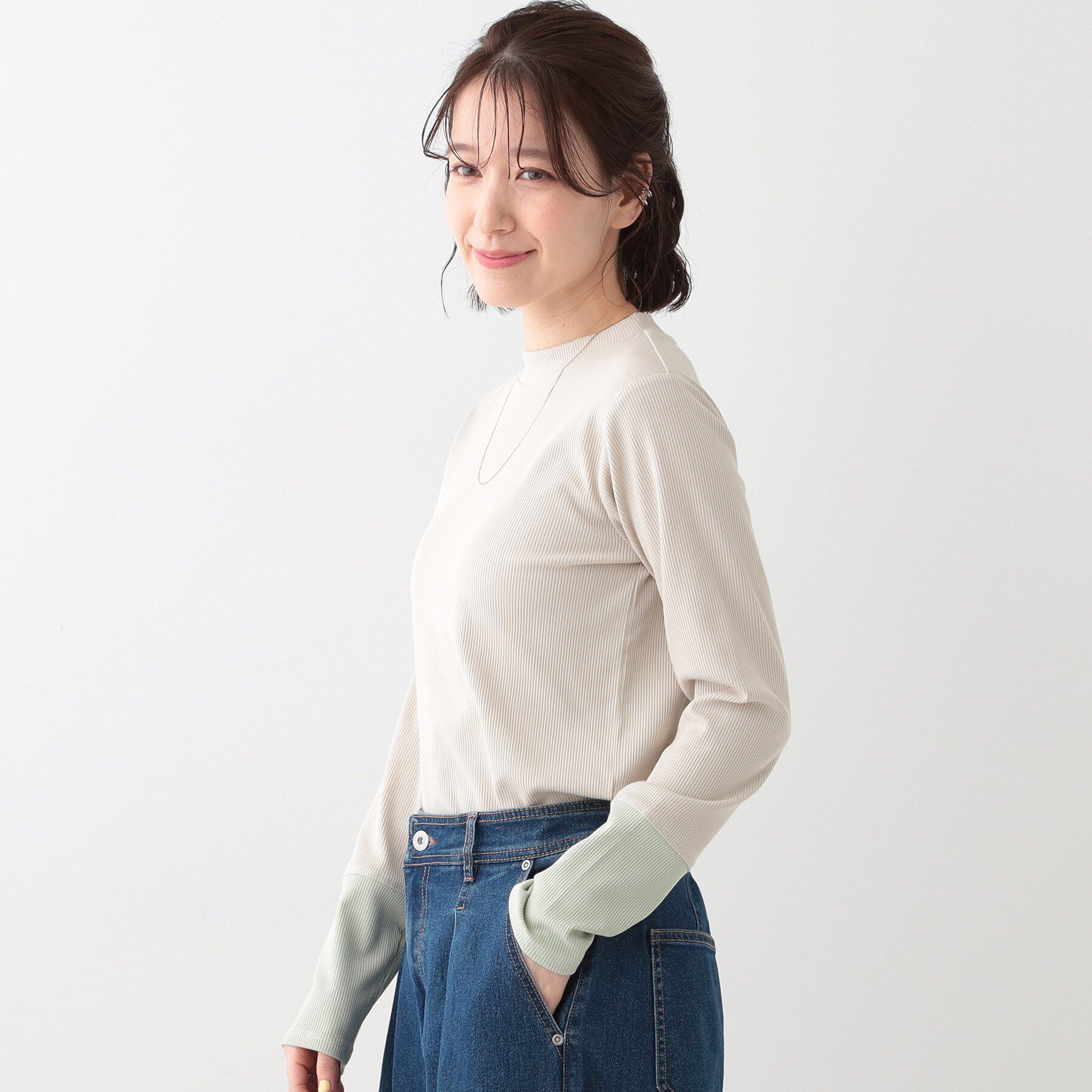 SHOO･LA･RUE「【S-LL】テレコ袖配色切り替えトップス」|Tシャツ・カットソー|