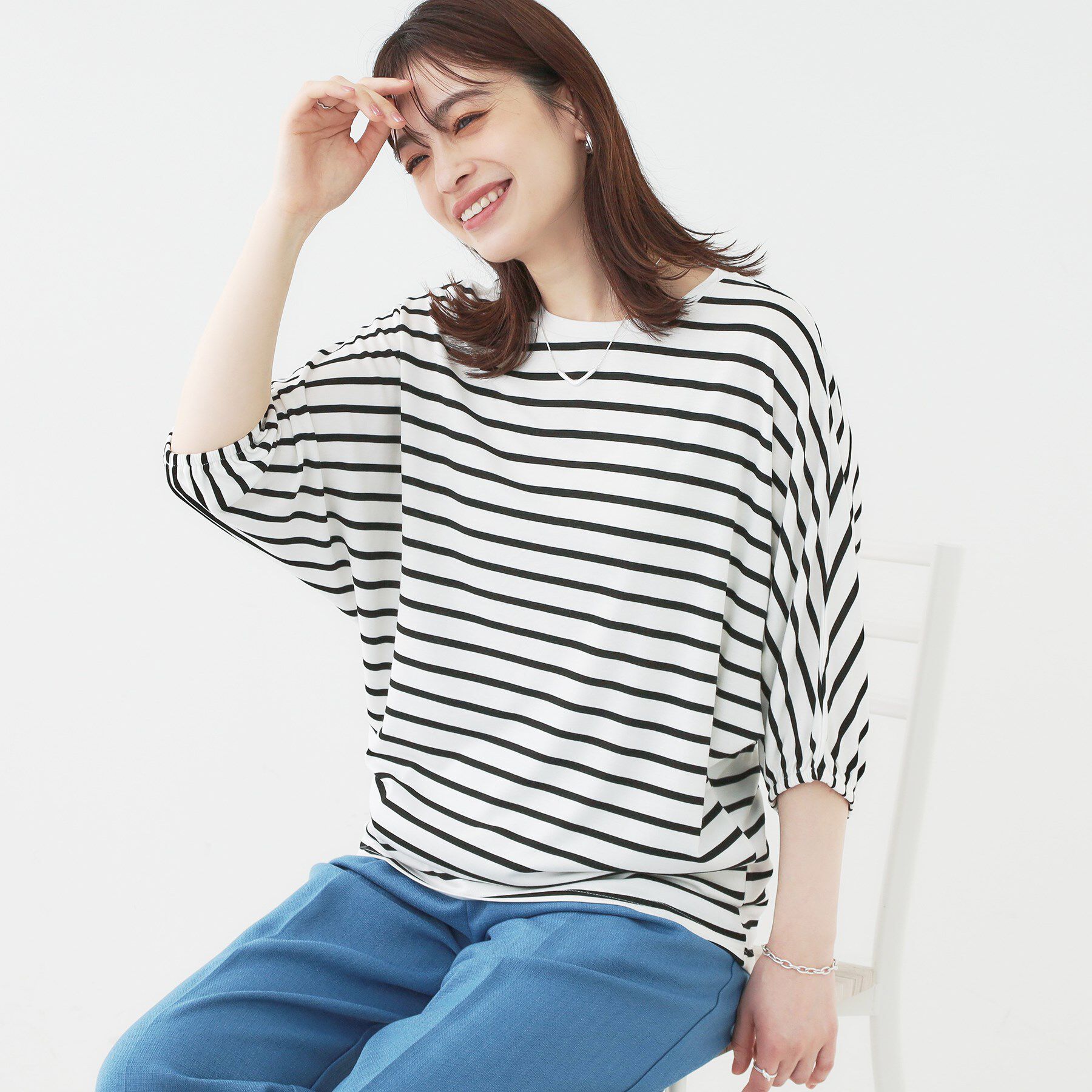 SHOO･LA･RUE「【ひんやり/UV/二の腕カバー】肘まで隠れるとろみドルマン5分袖トップス」|Tシャツ・カットソー|ブラック(319)