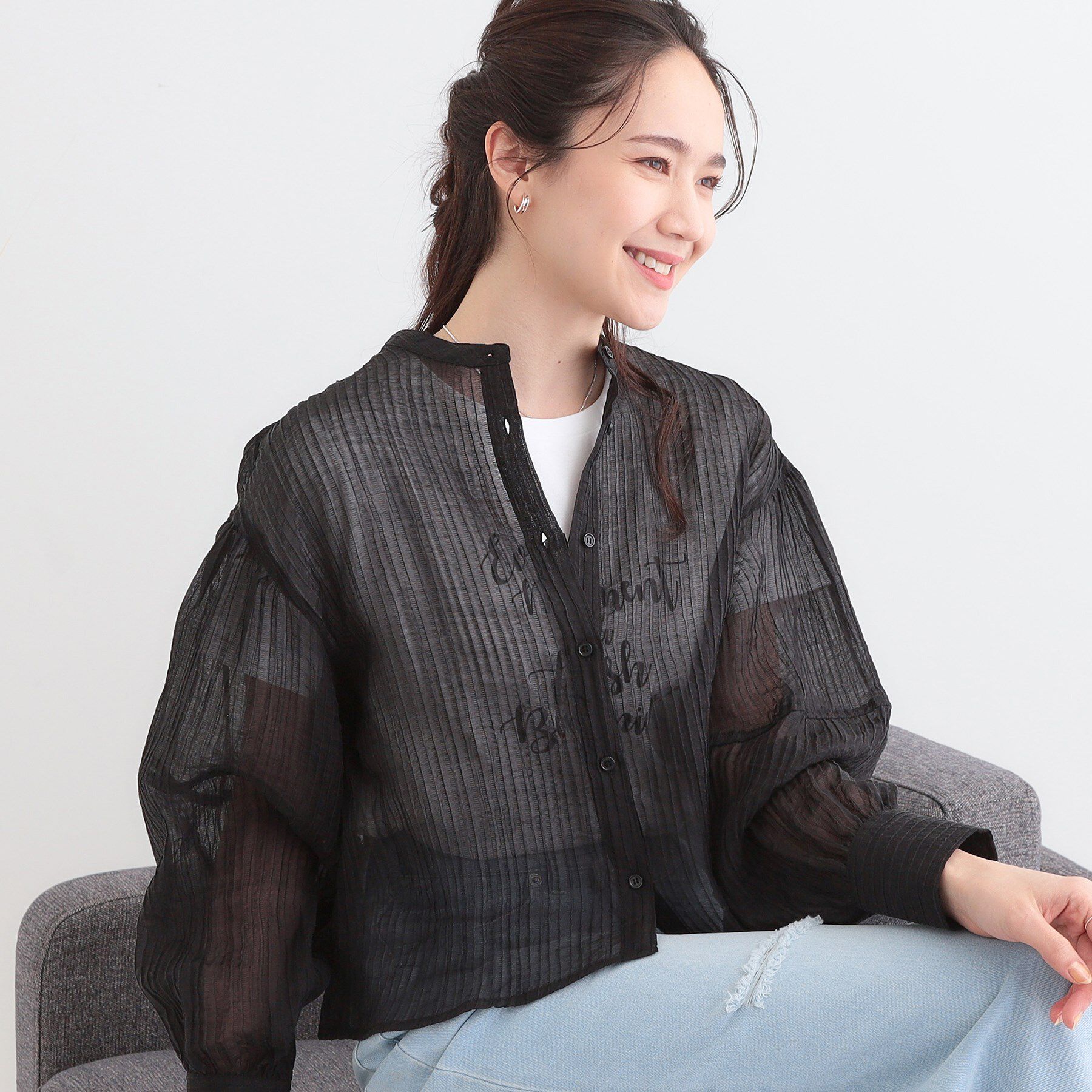 SHOO･LA･RUE「バンドカラーデザインシアーシャツ」|シャツ・ブラウス|ブラック(019)