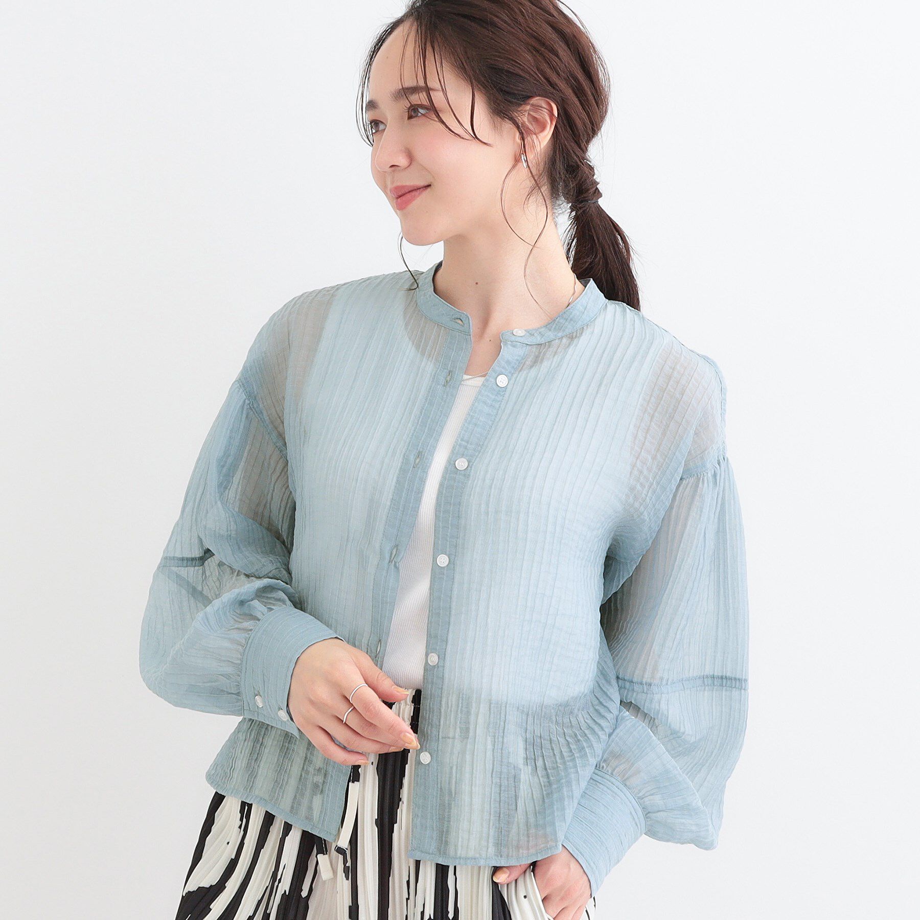 SHOO･LA･RUE「バンドカラーデザインシアーシャツ」|シャツ・ブラウス|ブルー(092)