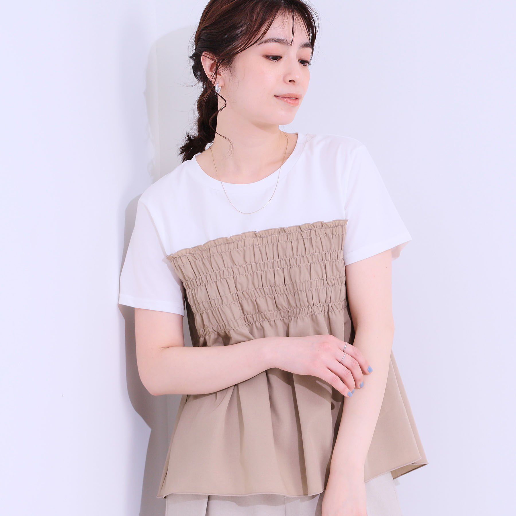 SHOO･LA･RUE「【洗える/S-LL】大人に似合う ビスチェ風ドッキングトップス」|Tシャツ・カットソー|オフホワイト(003