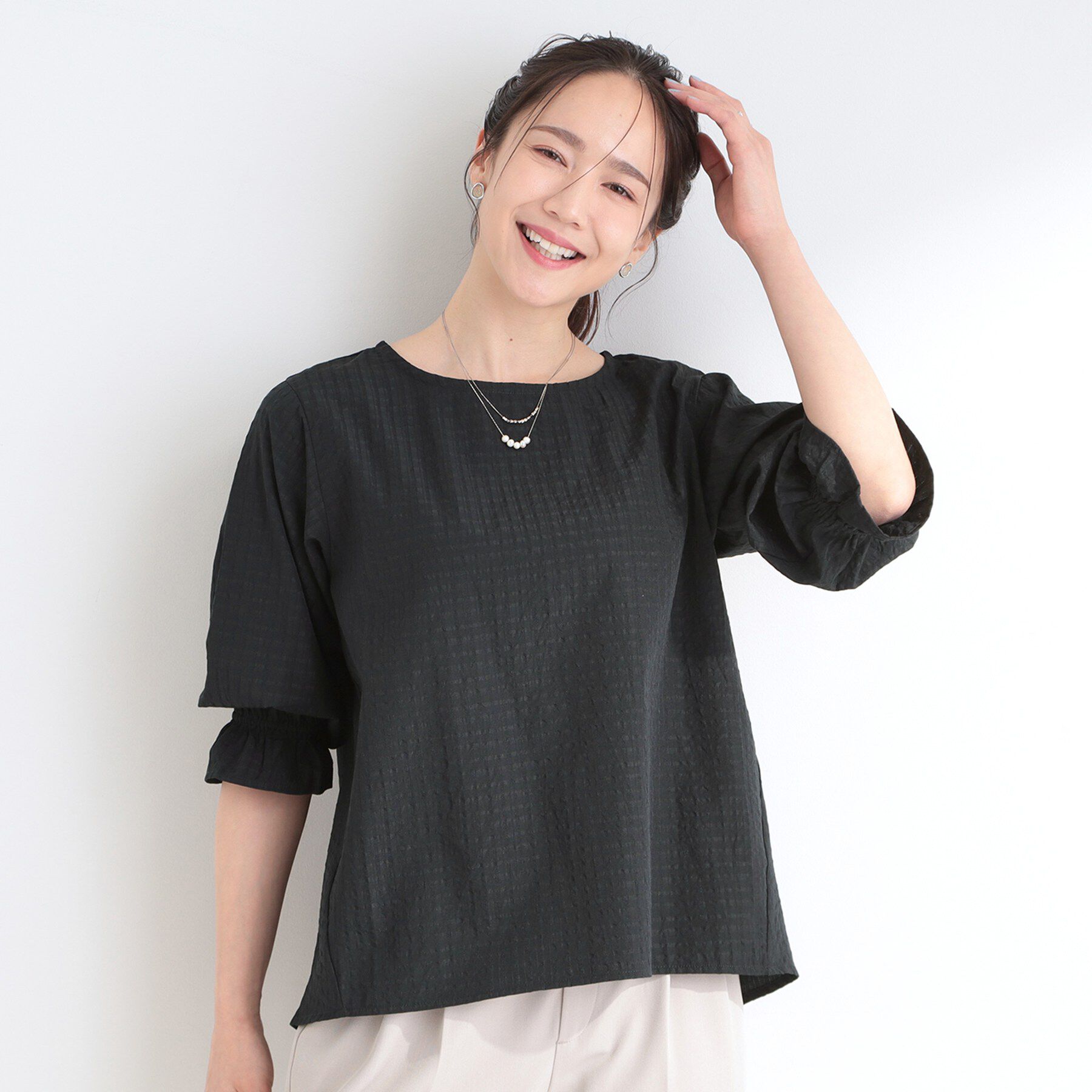 SHOO･LA･RUE「【セットアップ可/洗濯機可】上品チェックが好印象 ゆるさらサッカーブラウス」|シャツ・ブラウス|