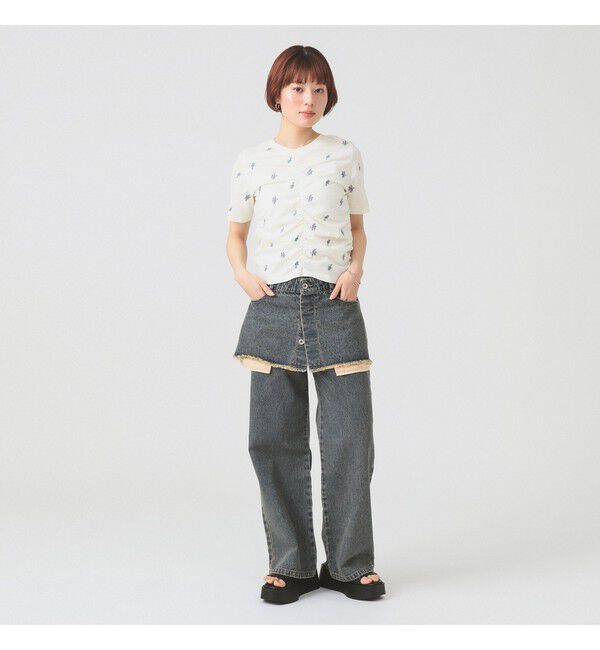 Ray BEAMS 「フラワー 刺繍 シャーリング Tシャツ　　26SS 花柄 洗える コンパクトTシャツ 」|Tシャツ・カットソー|
