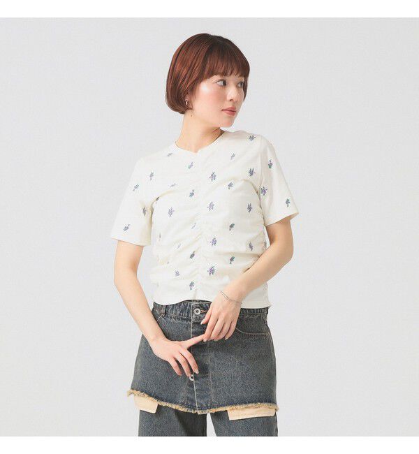 Ray BEAMS 「フラワー 刺繍 シャーリング Tシャツ　　26SS 花柄 洗える コンパクトTシャツ 」|Tシャツ・カットソー|