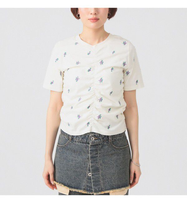 Ray BEAMS 「フラワー 刺繍 シャーリング Tシャツ　　26SS 花柄 洗える コンパクトTシャツ 」|Tシャツ・カットソー|
