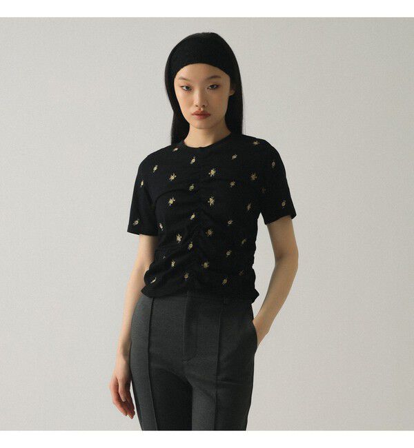 Ray BEAMS 「フラワー 刺繍 シャーリング Tシャツ　　26SS 花柄 洗える コンパクトTシャツ 」|Tシャツ・カットソー|