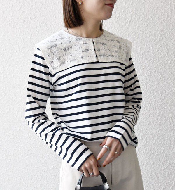 SHIPS any「SHIPS any:〈洗濯機可能〉マリンボーダー レース 襟 プルオーバー」|Tシャツ・カットソー|