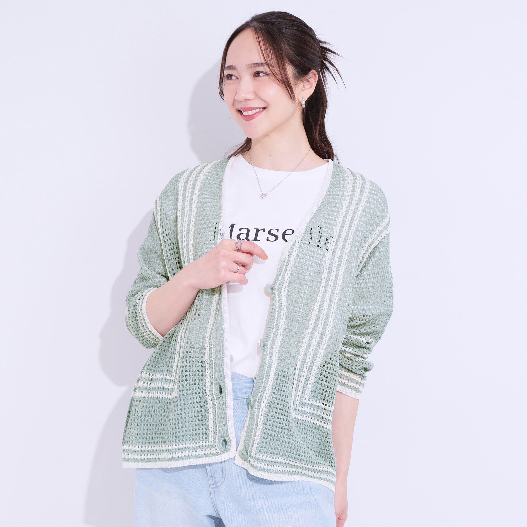 SHOO･LA･RUE「レースのような編み柄が上品 Vネックカーディガン」|カーディガン|