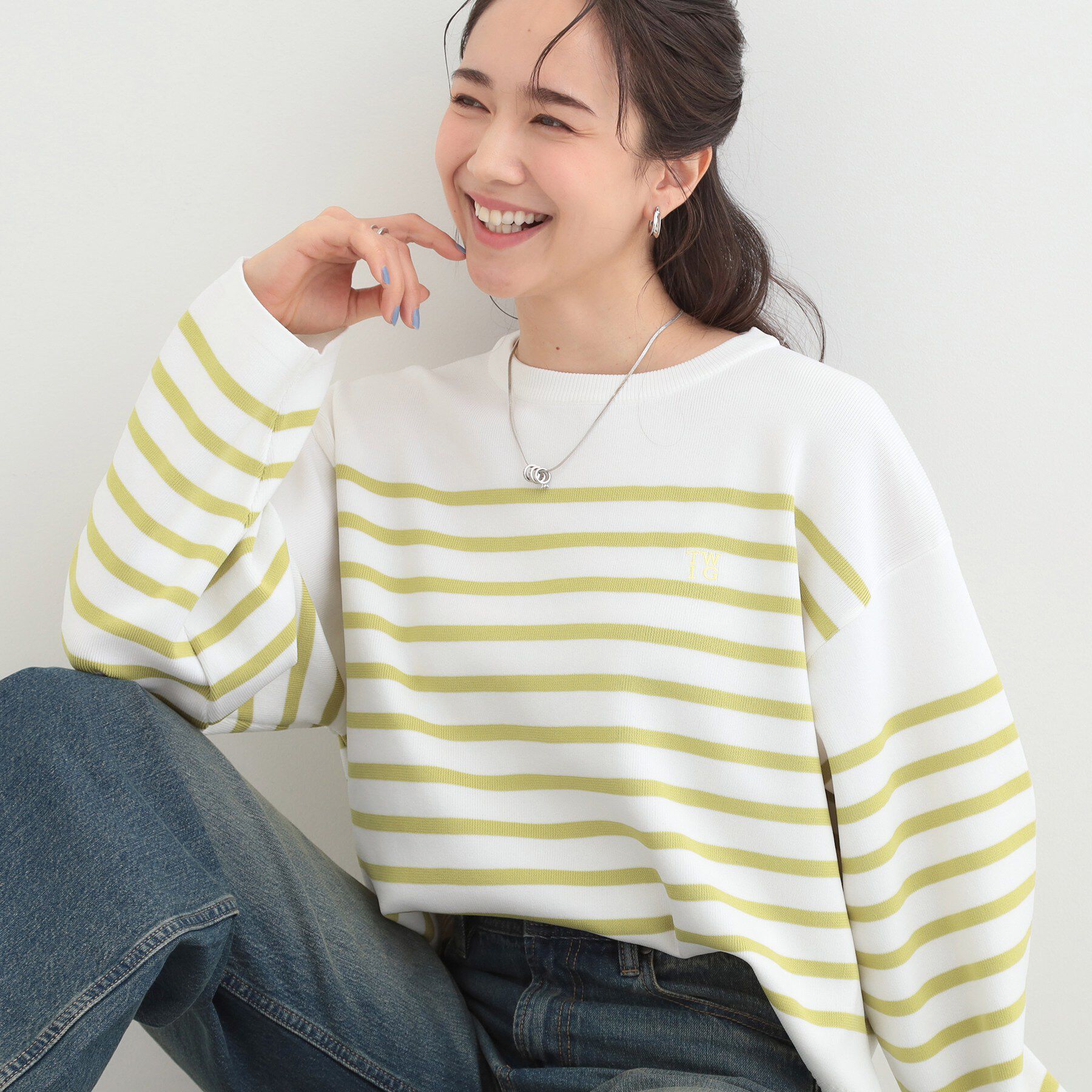 SHOO･LA･RUE「楽にきちんと見られたい　大人カジュアルボーダーニット」|ニット・セーター|グリーン(325)