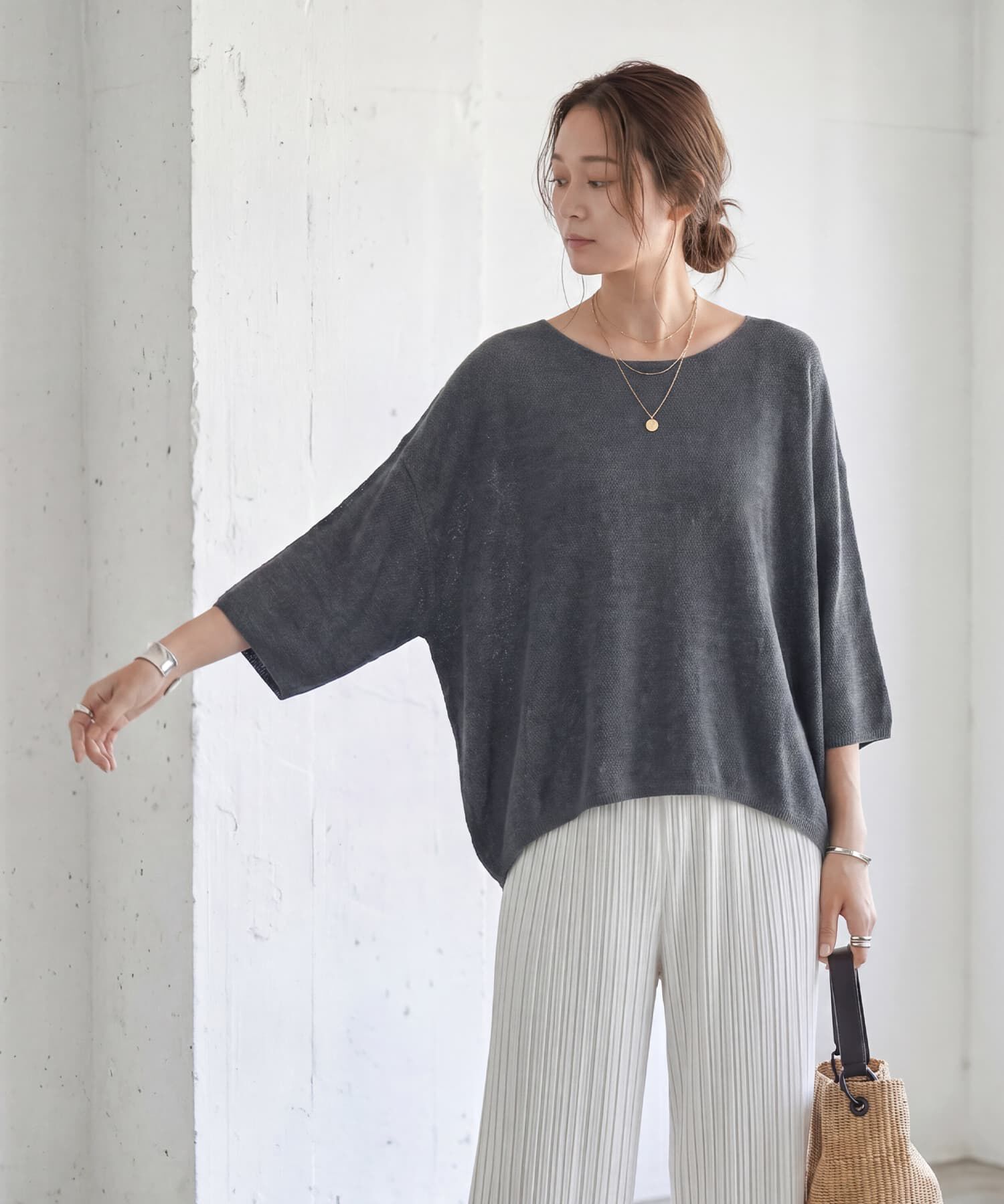STYLE DELI「ワイドなルーズネック麻混ニットトップス」|Tシャツ・カットソー|