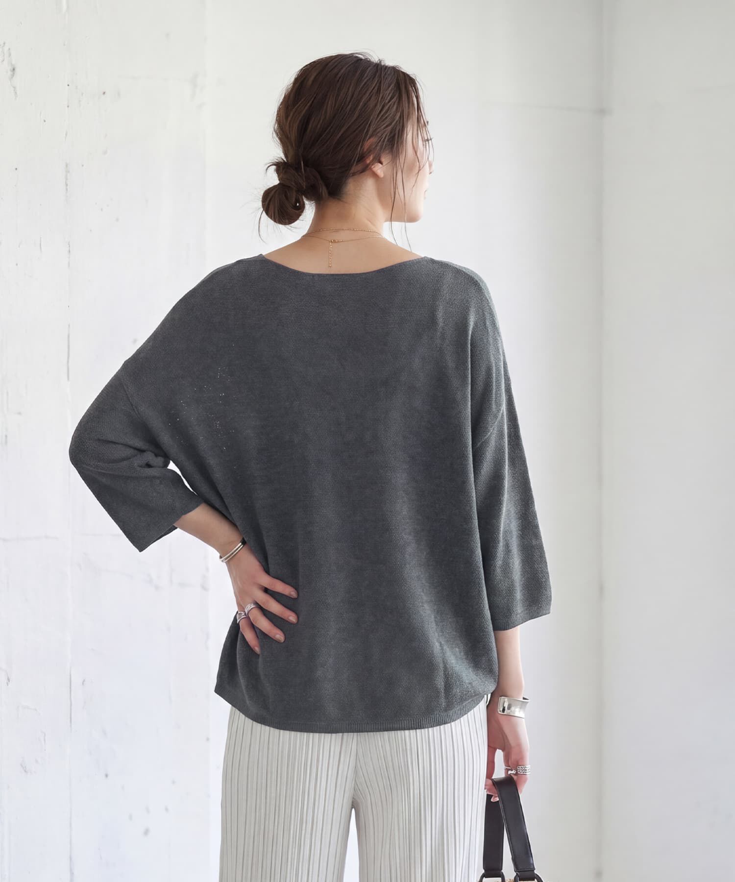 STYLE DELI「ワイドなルーズネック麻混ニットトップス」|Tシャツ・カットソー|