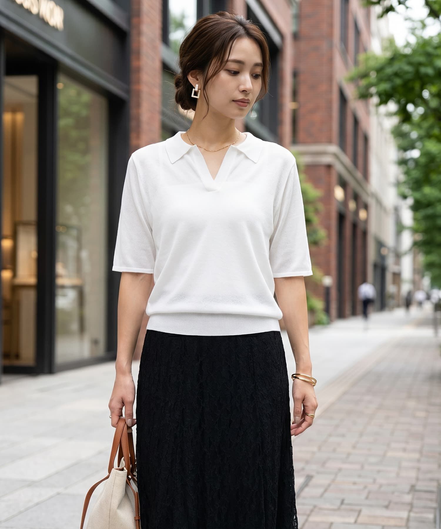 STYLE DELI「薄手シャリ感スキッパーニットトップス」|Tシャツ・カットソー|ホワイト