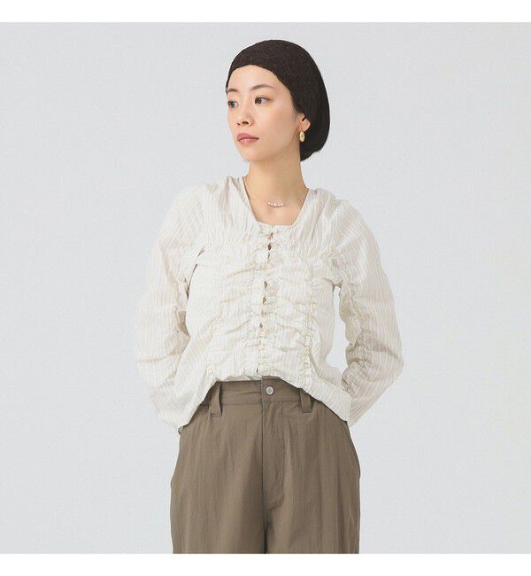 Ray BEAMS 「ストライプ シャーリング Vネック ブラウス」|シャツ・ブラウス|