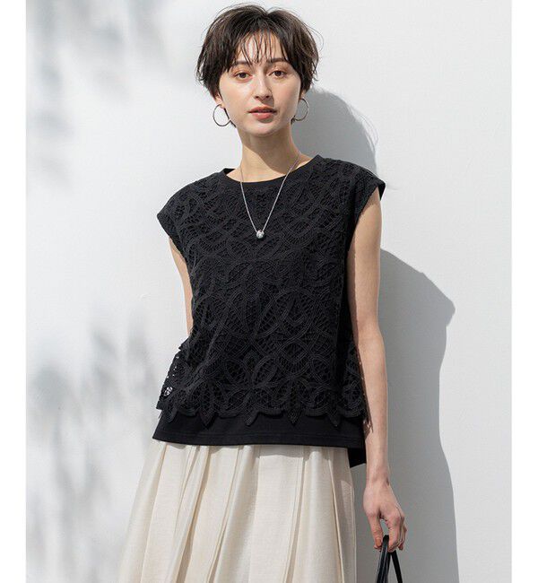 23区「【洗える/汗じみ防止加工】エンブロイダリージャージー フレンチスリーブ カットソー」|Tシャツ・カットソー|ブラック系
