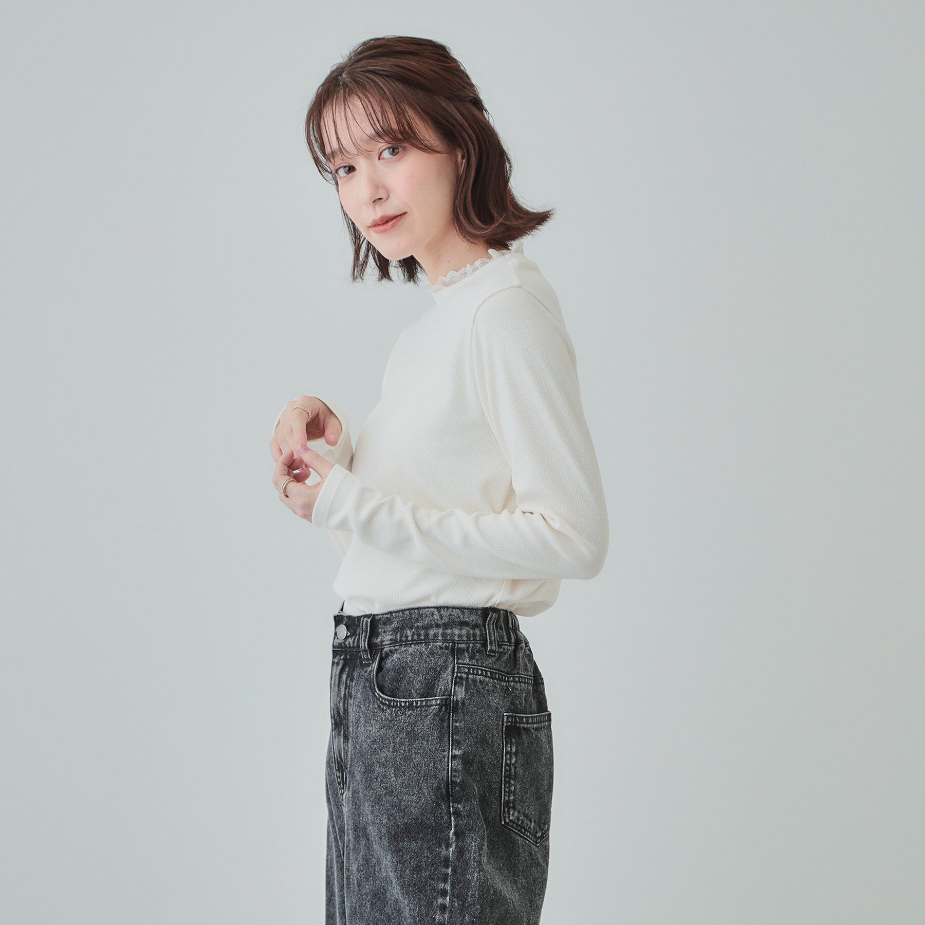 SHOO･LA･RUE「【S-LL】衿レースハイネックリブトップス」|Tシャツ・カットソー|