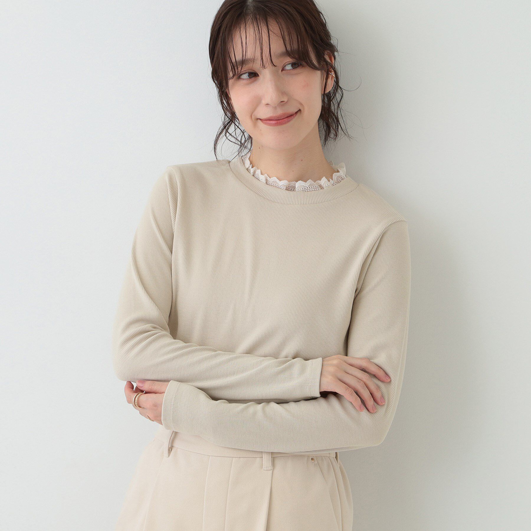 SHOO･LA･RUE「【S-LL】衿レースハイネックリブトップス」|Tシャツ・カットソー|ライトベージュ(05
