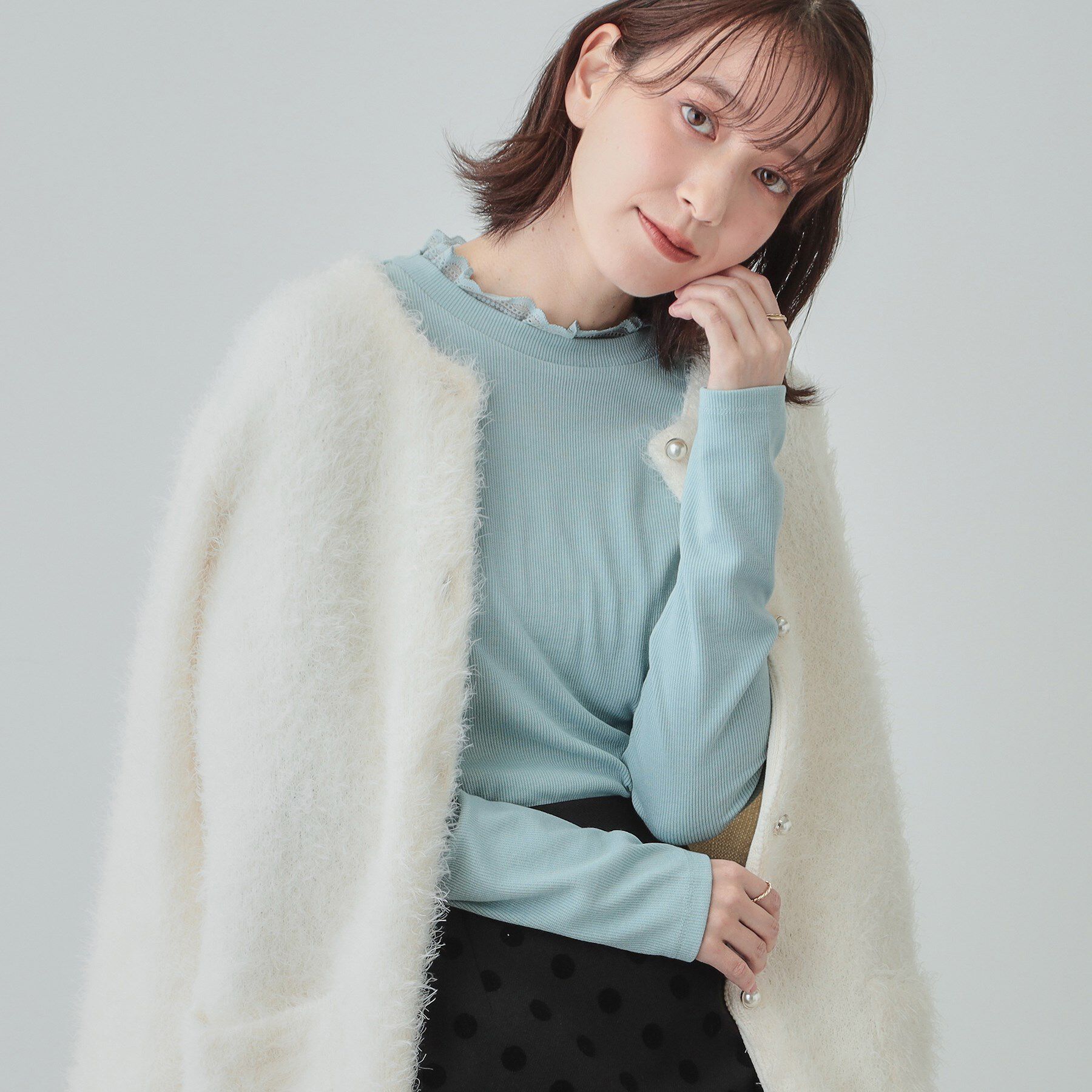SHOO･LA･RUE「【S-LL】衿レースハイネックリブトップス」|Tシャツ・カットソー|ブルー(091)
