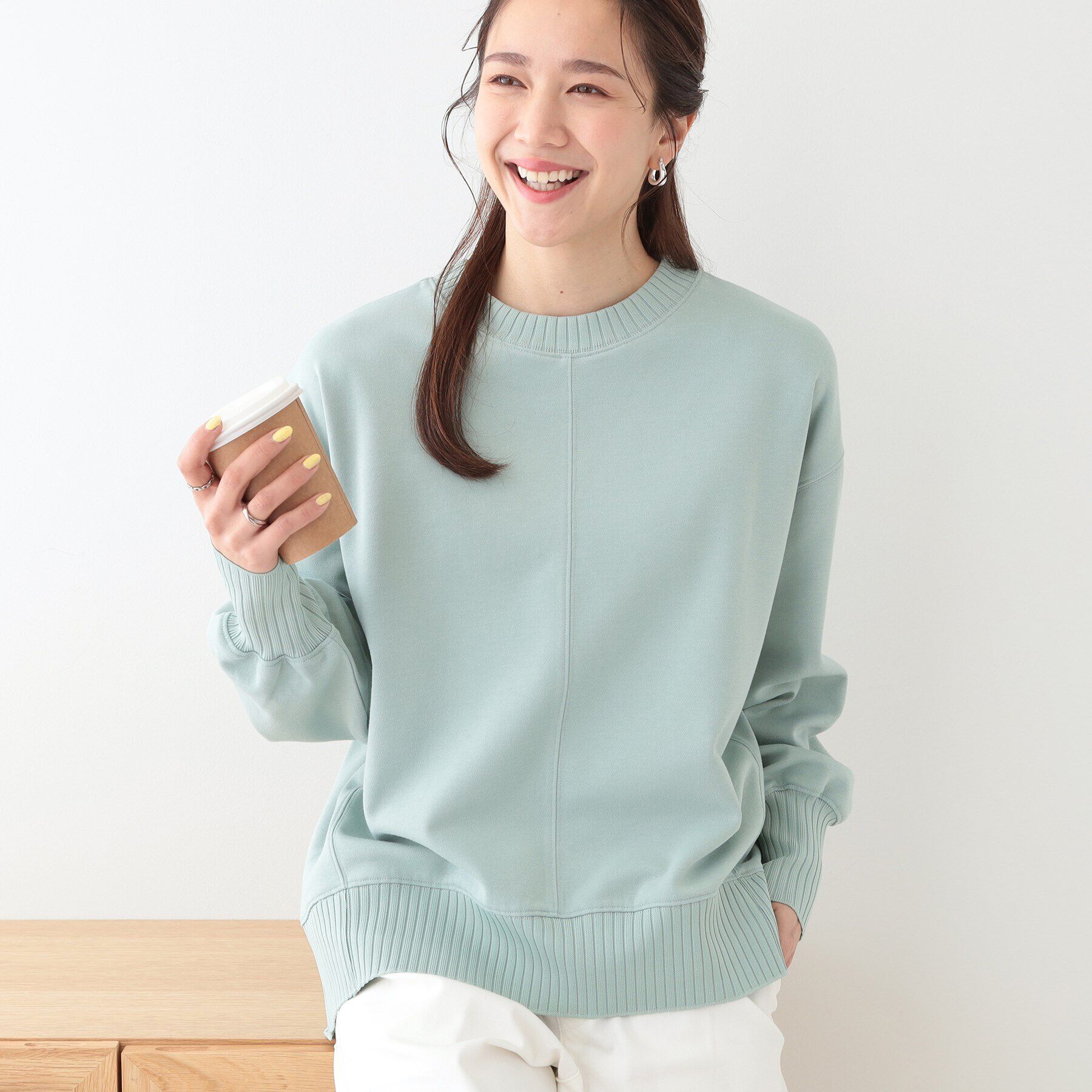 SHOO･LA･RUE「【洗える/S-LL】長めのリブでお袖すっきり 異素材トップス」|Tシャツ・カットソー|ミントグリーン(02