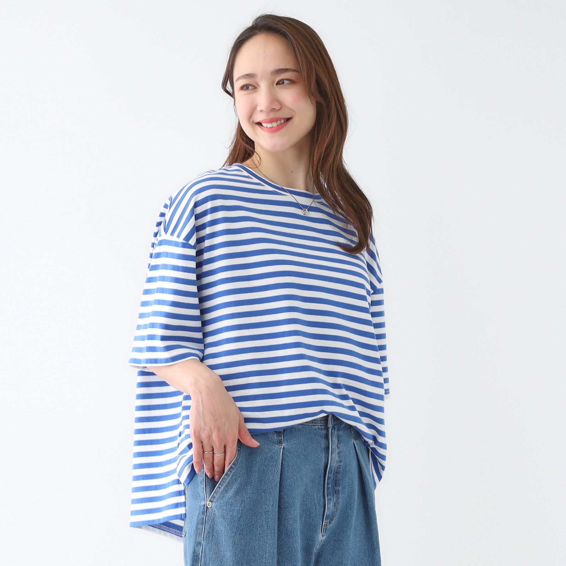 SHOO･LA･RUE「【洗える/S-LL】ハーフスリーブボーダーカットソー」|Tシャツ・カットソー|