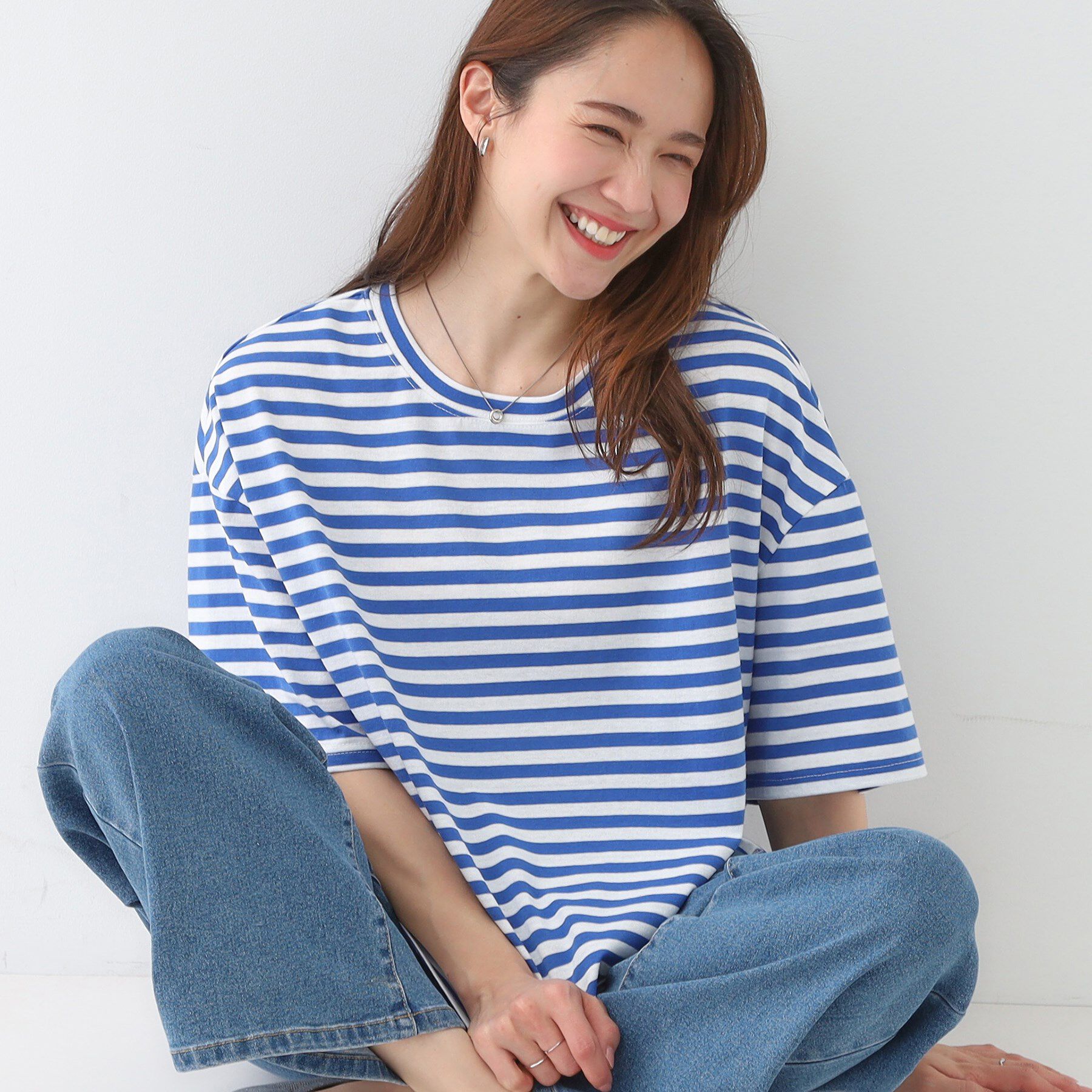 SHOO･LA･RUE「【洗える/S-LL】ハーフスリーブボーダーカットソー」|Tシャツ・カットソー|ブルー(392)