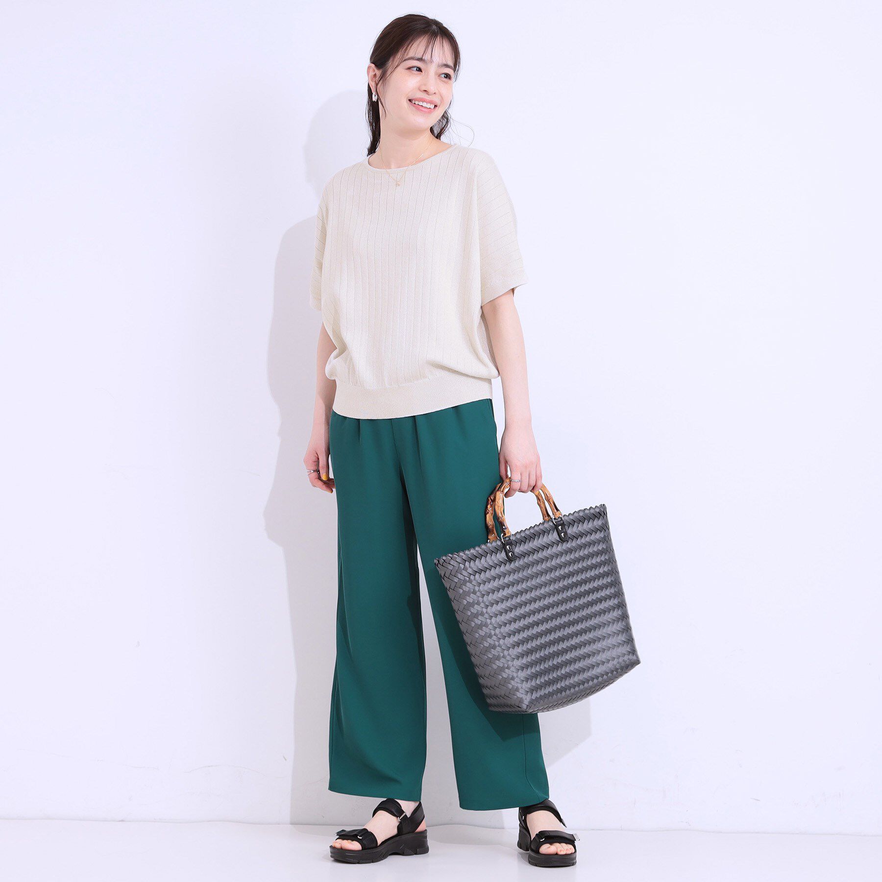 SHOO･LA･RUE「【二の腕カバー】さりげないラメが上品見え リブドルマンニット」|ニット・セーター|