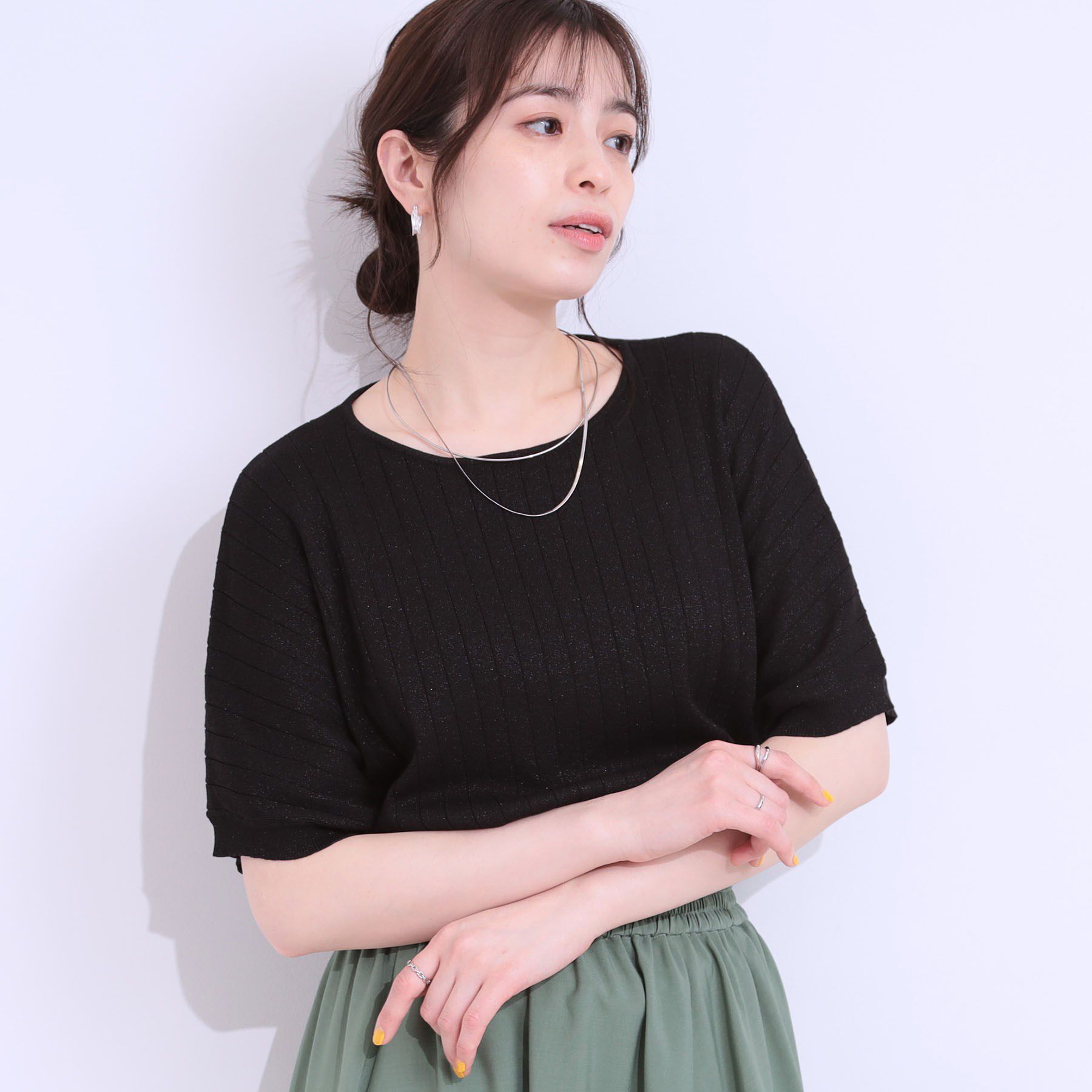 SHOO･LA･RUE「【二の腕カバー】さりげないラメが上品見え リブドルマンニット」|ニット・セーター|ブラック(019)