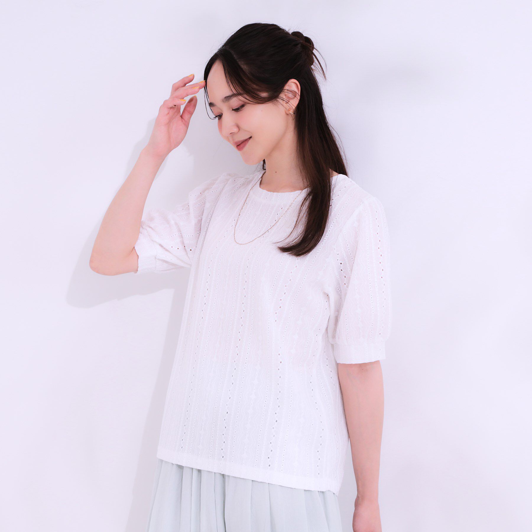 SHOO･LA･RUE「【S-LL/二の腕カバー】大人フェミニンな印象に ジャカードレーストップス」|Tシャツ・カットソー|