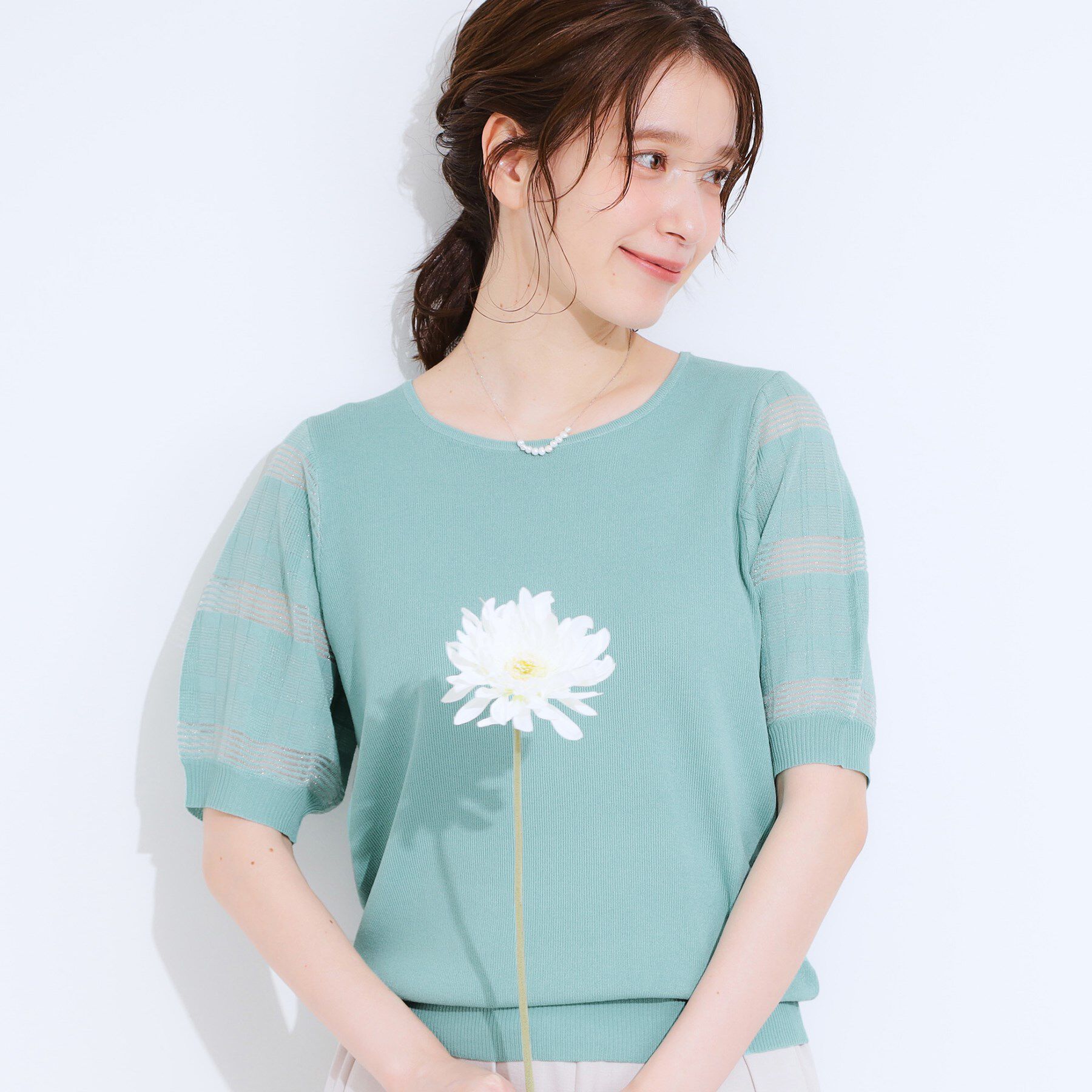 SHOO･LA･RUE「【S-LL】大人上品な お袖シアー切り替えニット」|ニット・セーター|ミントグリーン(02