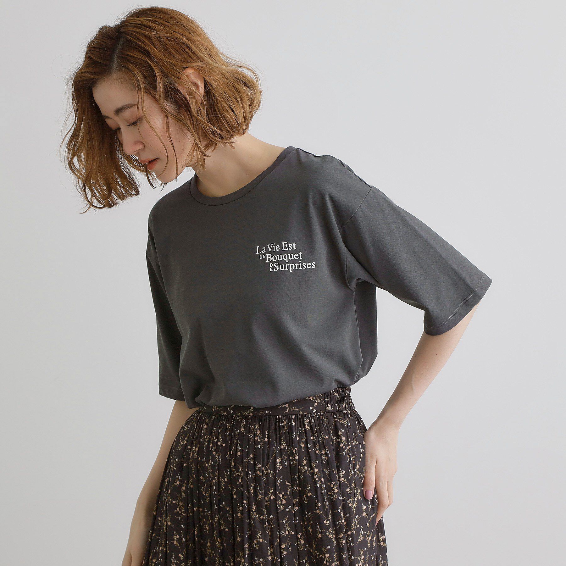 grove「五分袖ロゴプリントTシャツ」|Tシャツ・カットソー|チャコールグレー(0