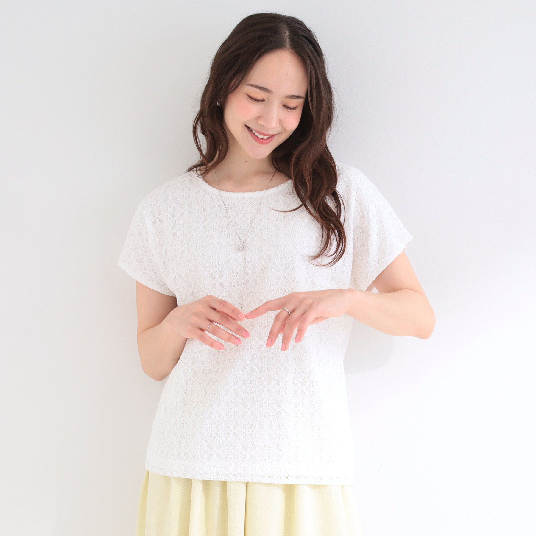 SHOO･LA･RUE「【ひんやり/UV/S-LL】1枚で華やか 前後切り替えレースTシャツ」|Tシャツ・カットソー|