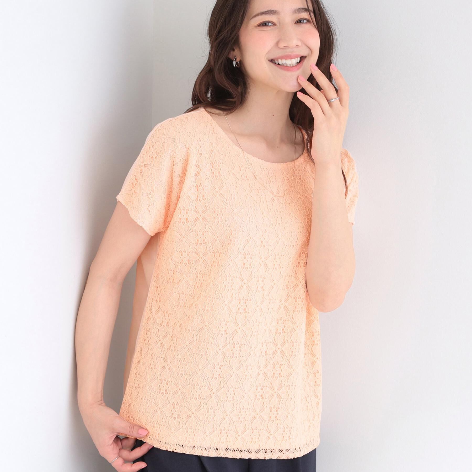 SHOO･LA･RUE「【ひんやり/UV/S-LL】1枚で華やか 前後切り替えレースTシャツ」|Tシャツ・カットソー|オレンジ(065)