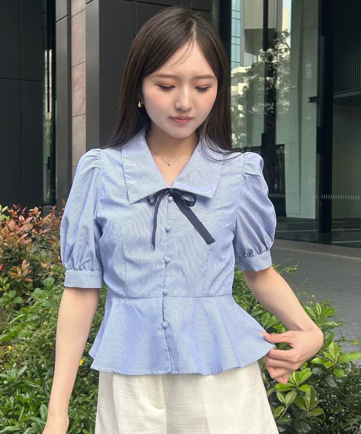 WILLSELECTION「パフスリーブペプラムブラウス」|シャツ・ブラウス|Navy/borderｽﾄﾗｲﾌﾟ