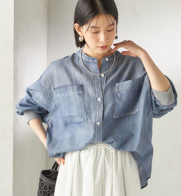 SHIPS for women「〈手洗い可能〉シアー デニム 袖 リブ バンドカラー シャツ」|シャツ・ブラウス|ブルー