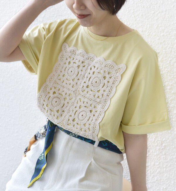 SHIPS for women「《一部予約》【WEB限定】〈汗染み防止/手洗い可能〉クロシェ ドッキング ショート スリーブ TEE」|Tシャツ・カットソー|