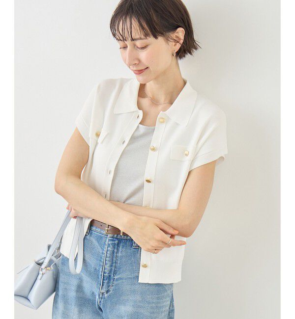 Rope&rsquo;Picnic「八方映えニット 金ボタンフレンチスリーブポロカラーカーディガン/UVカット・接触冷感・イージーケア」|カーディガン|