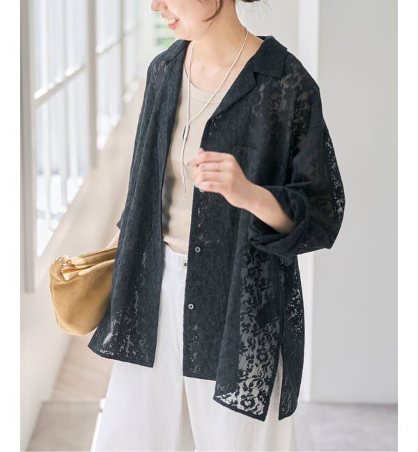 Spick and Span「エアリーレースオープンカラーシャツ」|シャツ・ブラウス|ブラック