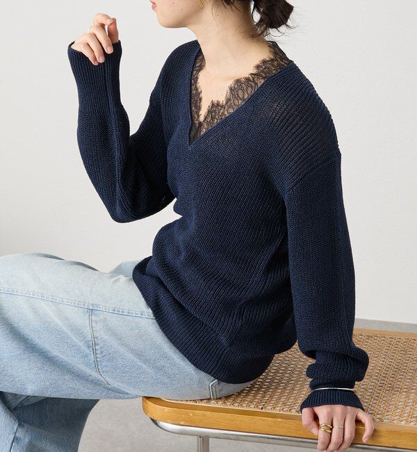  「【女性らしさが引き立つ】ペーパーヤーンレース衿ニット」|ニット・セーター|