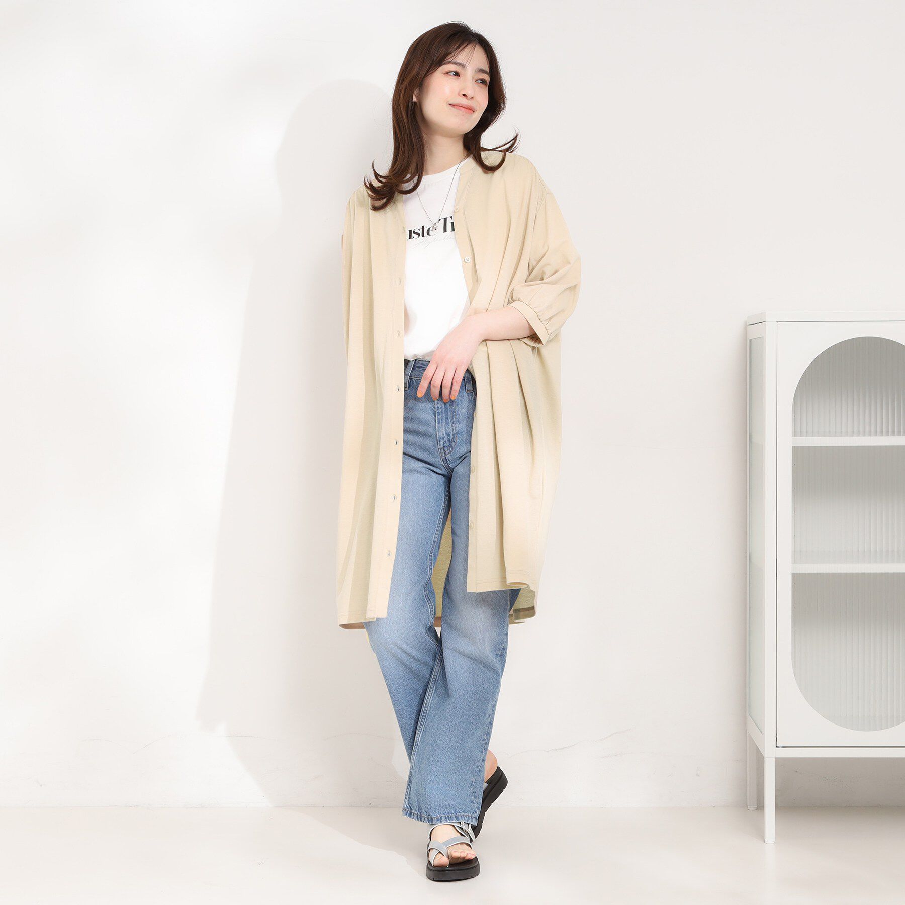 SHOO･LA･RUE「【洗濯機可/S-LL】カットツイルキーネックシャツワンピース」|ワンピース|