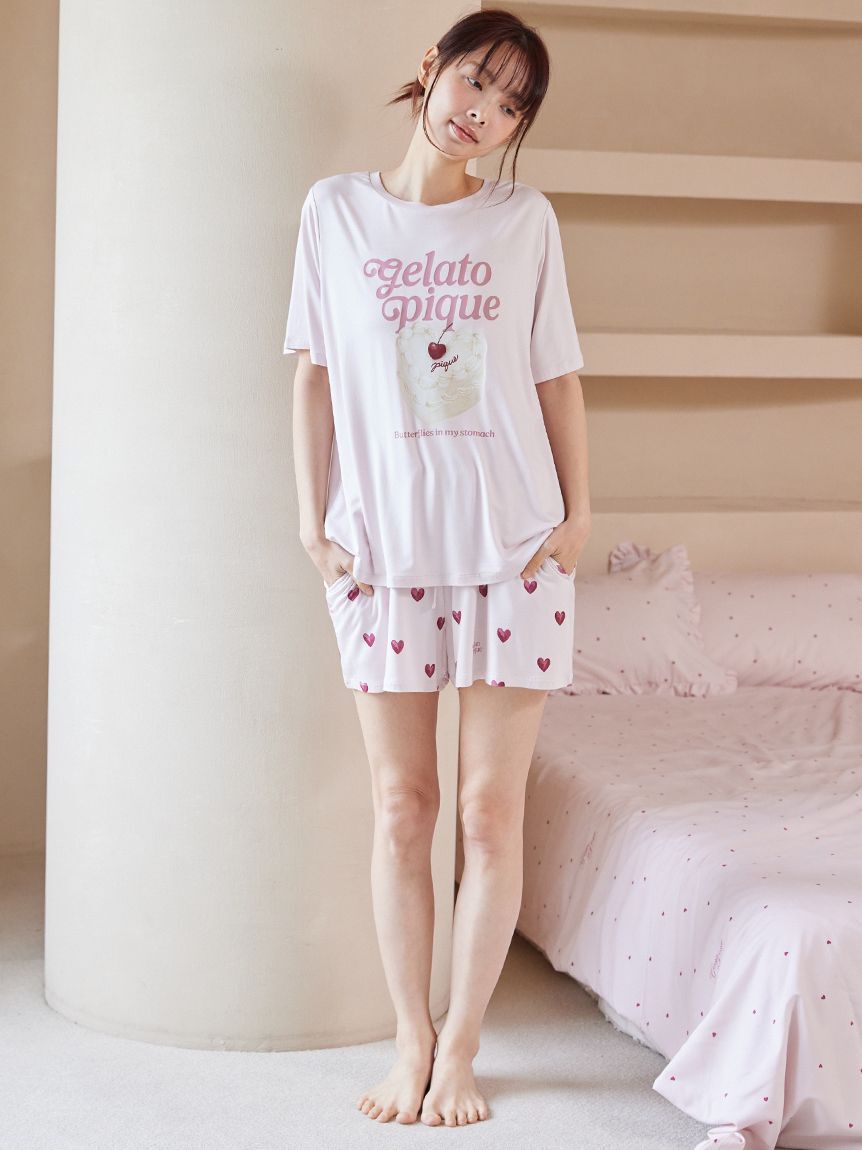 gelato pique「【ONLINE限定】【接触冷感】ケーキワンポイントTシャツ&ハート柄ショートパンツセット」|ルームウェア|