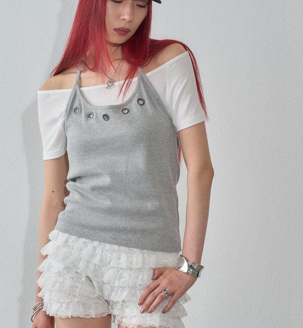  「【WEB限定】ハトメホルターレイヤード半袖トップス（ドット/無地）」|Tシャツ・カットソー|