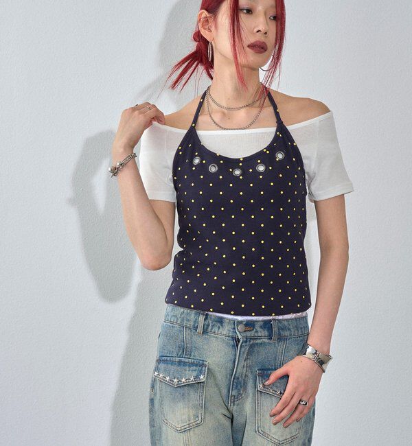  「【WEB限定】ハトメホルターレイヤード半袖トップス（ドット/無地）」|Tシャツ・カットソー|