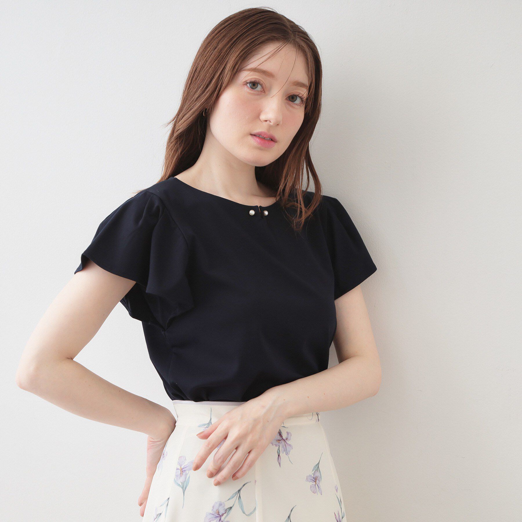 index「【接触冷感】フリルフレンチスリーブトップス【UVケア／洗濯機OK】」|Tシャツ・カットソー|