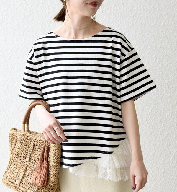 SHIPS any「《予約》SHIPS any:〈洗濯機可能〉レース ヘム アシンメトリー ショートスリーブ TEE」|Tシャツ・カットソー|