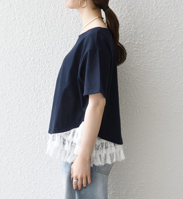 SHIPS any「《予約》SHIPS any:〈洗濯機可能〉レース ヘム アシンメトリー ショートスリーブ TEE」|Tシャツ・カットソー|