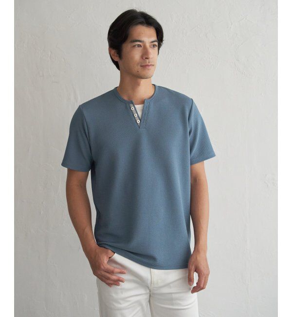 ikka「【接触冷感】フェイクヘンリーネックTシャツ」|Tシャツ・カットソー|サックスブルー