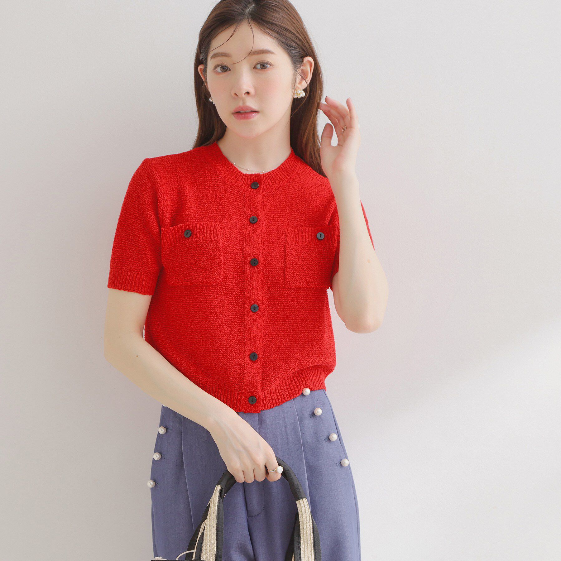 Couture broach「ポケット付き半袖カーディガン」|カーディガン|レッド(062)