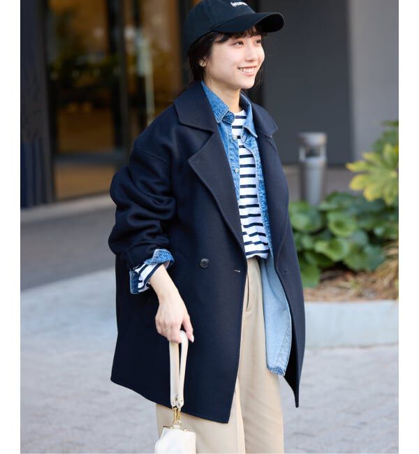 SLOBE IENA「souple wool ダブルフェイスミドルコート」|ピーコート|ネイビー