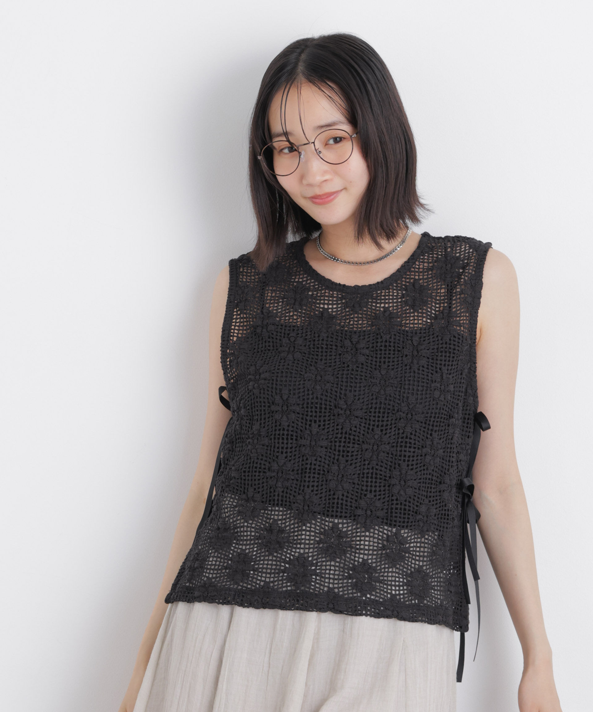 nano･universe「フラワー柄カットレースサイドリボントップス(セットアップ可)」|Tシャツ・カットソー|ブラック