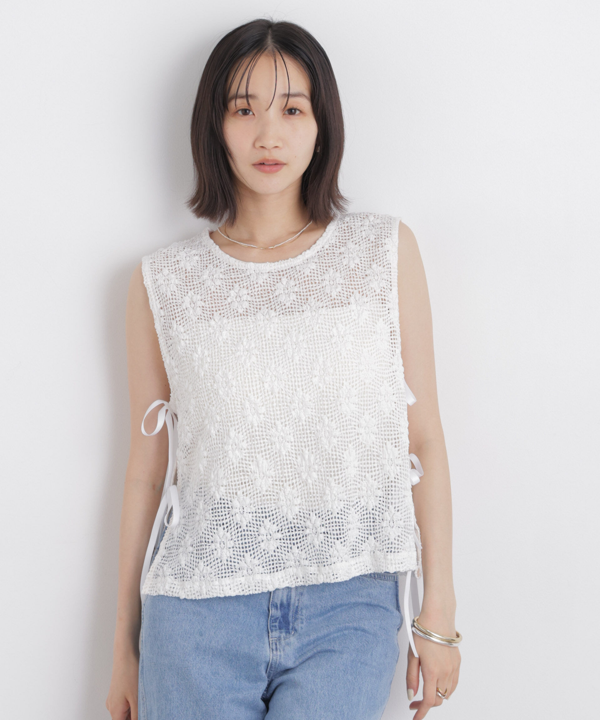 nano･universe「フラワー柄カットレースサイドリボントップス(セットアップ可)」|Tシャツ・カットソー|